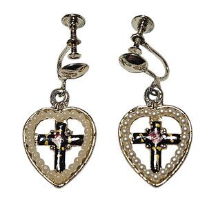 Vintage Faux Pearl Heart Shaped Cross Screw Back Earrings Religious Jewelry